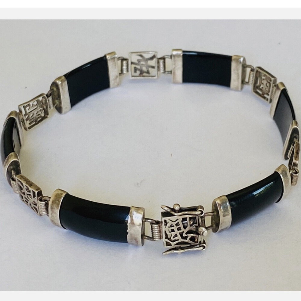 Vintage 925 Sterling Silver Asian Jade Black Link Panel Bracelet 8”